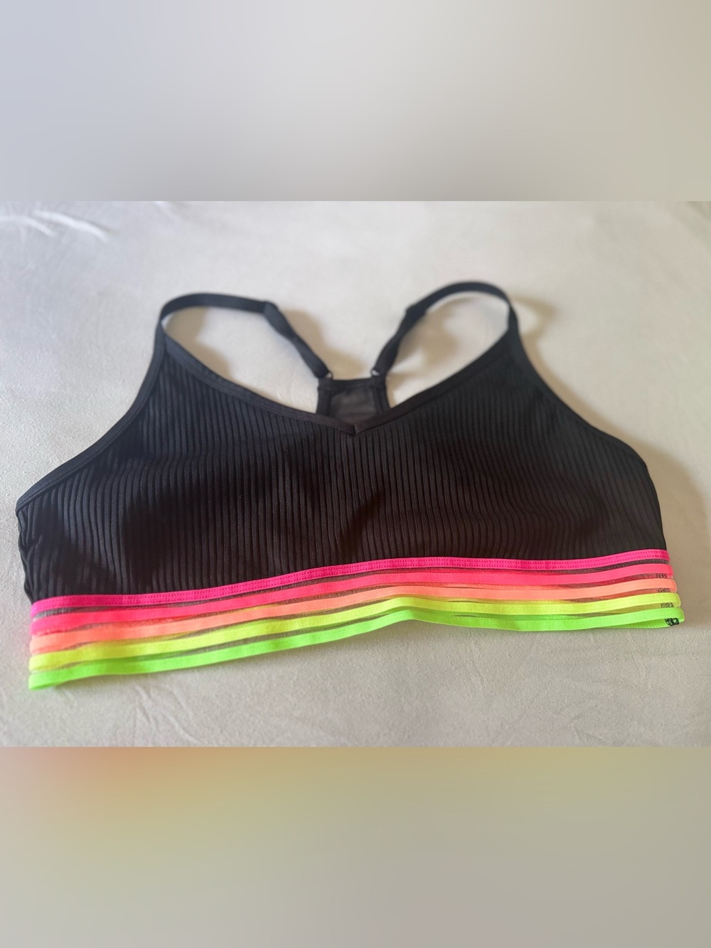 PINK Victorias Secret Black Ribbed Sports Bralette with Neon Band